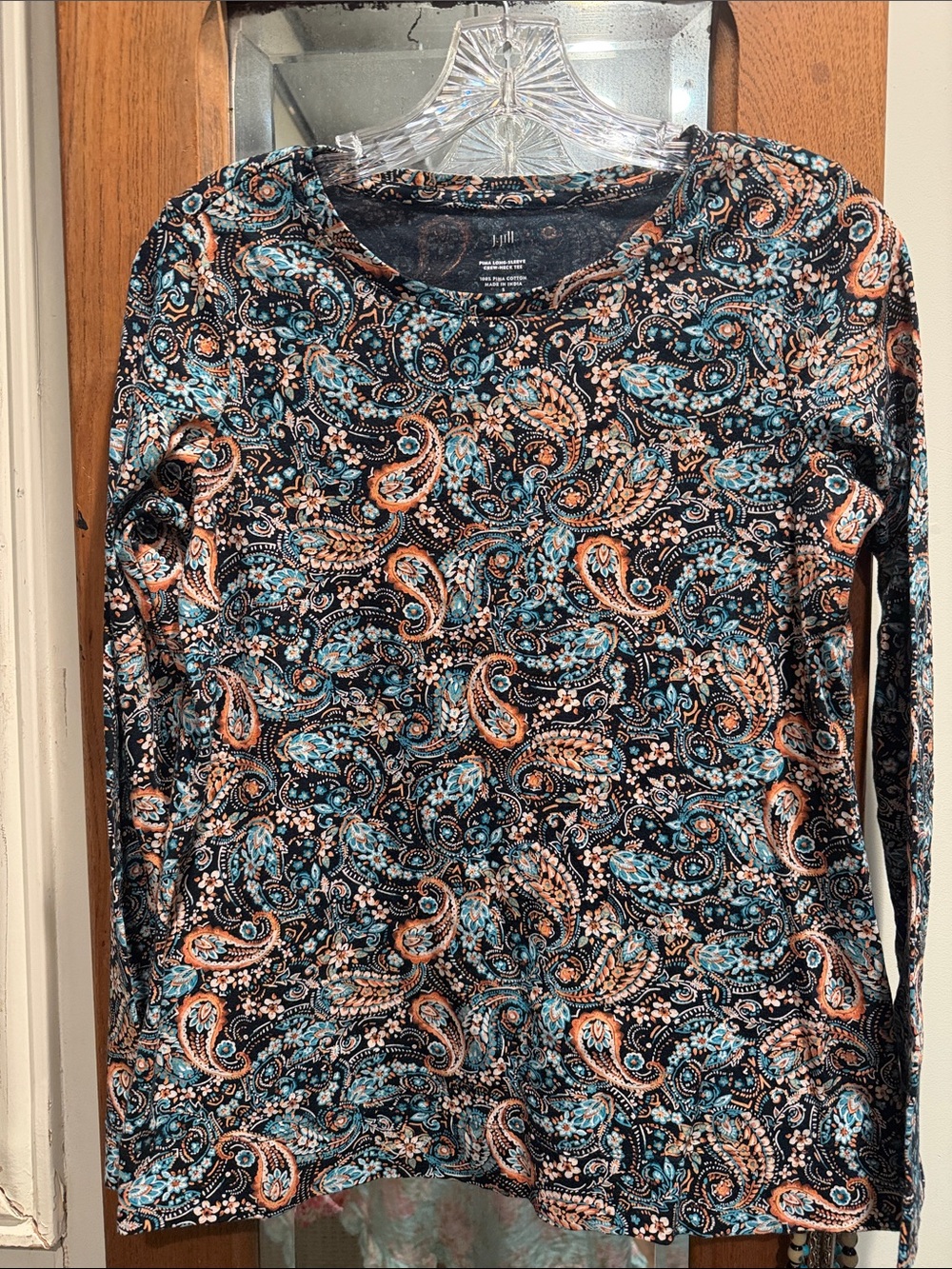 J. Jill Black Long-Sleeve Paisley Top with Teal and Peach Accents